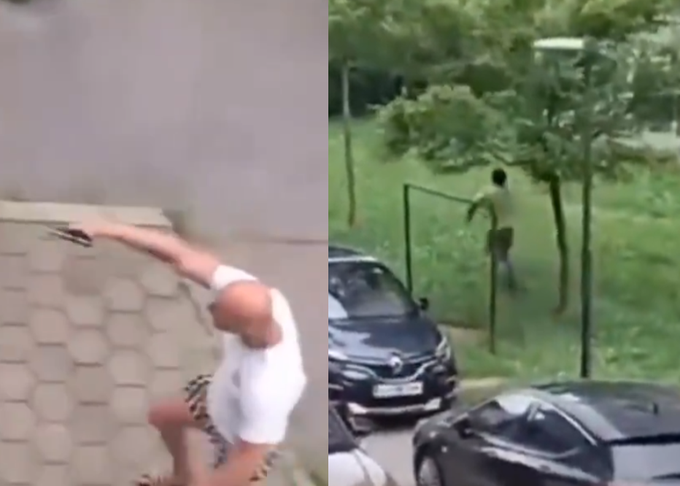 Trenutek, ko je na prizorišče pritekel moški s strelnim orožjem (levo), in trenutek, ko je žrtev pretepa proti trojici, ki ga je brcala in udarjala, sprožila strel (desno).  | Foto: TikTok / Nepridiprav / Posnetek zaslona
