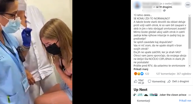 Ena od slovenskih objav z videoposnetkom 13-letnega dekleta, ki napačno predstavlja siljenje k cepljenju proti bolezni covid-19.  | Foto: Matic Tomšič / Posnetek zaslona