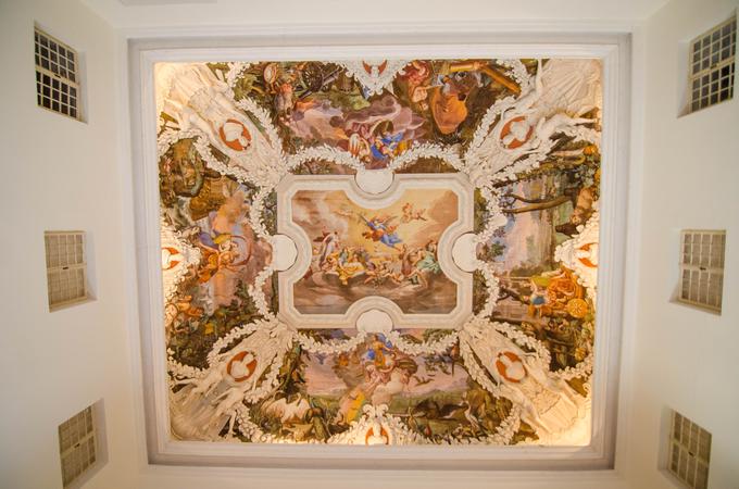 V veliki dvorani slikarske kompozicije uokvirja razkošna štukatura.  | Foto: 