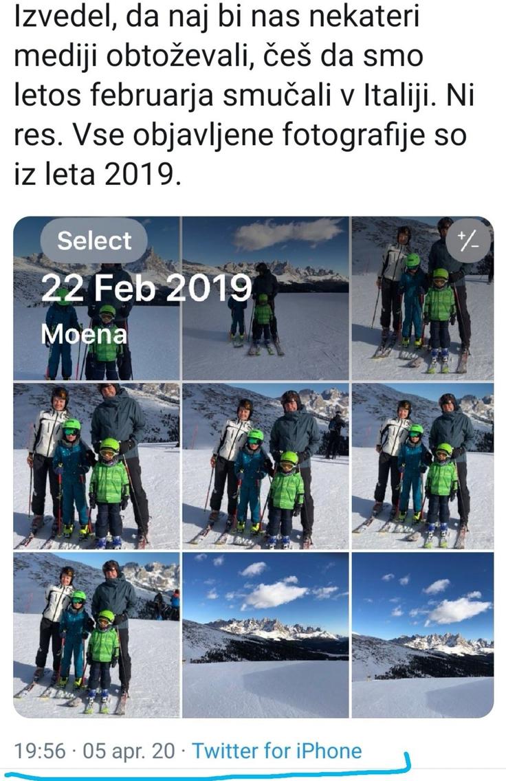 Janša je že pred časom pojasnil, da je na družbenih omrežjih delil staro fotografijo in da februarja letos ni bil na smučanju v Italiji. | Foto: Twitter - Voranc
