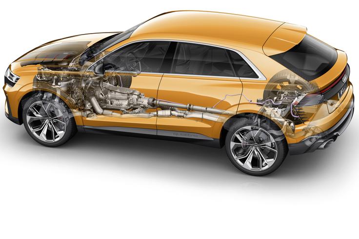 Študija Audi Q8 sport concept: zaradi 350 kW (476 KM) in 700 Nm lahko v 4,7 sekunde pospeši od 0 do 100 km/h, njegova končna hitrost pa znaša 275 km/h. Med dolgoprogaše ga uvršča akcijski radij, ki presega 1.200 kilometrov. | Foto: Audi