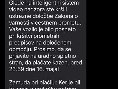 Ste prejeli SMS sporočilo o prometnem prekršku? Policija opozarja, da gre za prevaro.