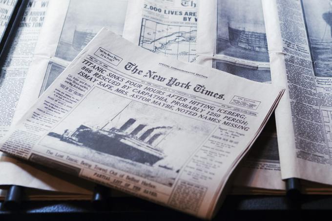 Naslovnica ameriškega medija The New York Times 16. aprila 1912: Titanik je potonil! Trčenje v ledeno goro se je sicer zgodilo v poznih večernih urah 14. aprila 1912, ladja pa je potonila v zgodnjih jutranjih urah 15. aprila 1912. | Foto: Reuters