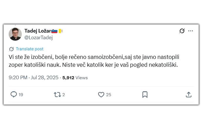 Izobčenje | Izobčenje Francija Keka, ki ga je kar prek omrežja X objavil duhovnik Tadej Ložar. | Foto zajem zaslona/X