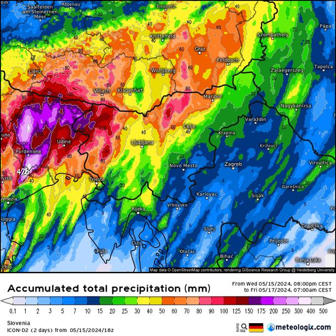 Napoved padavin po drugem scenariju. Ta vremenski model največ dežja napoveduje Posočju in Koroški. | Foto: David Florjančič, Meteoinfo Slovenija