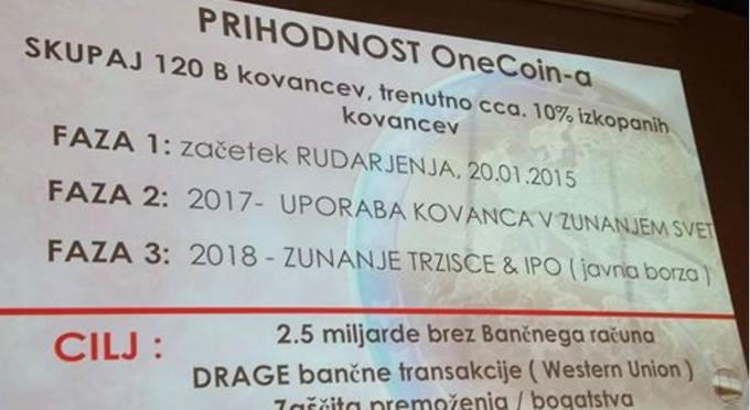 To je eden od diapozitivov, s katerimi so promotorji, ki so zdaj večinoma že poniknili oziroma predstavljajo druge podobne "poslovne priložnosti", Slovence med letoma 2015 in 2017 vabili k naložbi v OneCoin. Tisti, ki danes še vedno verjamejo, da bodo svoje onecoine nekoč lahko zamenjali za evre, zdaj trdijo, da so promotorji ravnali narobe in da so srž OneCoina pravzaprav izobraževalni paketi, katerih kupci onecoine prejmejo brezplačno. To je bila zvita strategija, s katero se je OneCoin otepal obtožb, da ponuja naložbo, a dejstvo je, da so obljube o bogastvu in visokih donosih prihajale s samega vrha organizacije, med drugim tudi od Ruje Ignatove. | Foto: Matic Tomšič / Posnetek zaslona