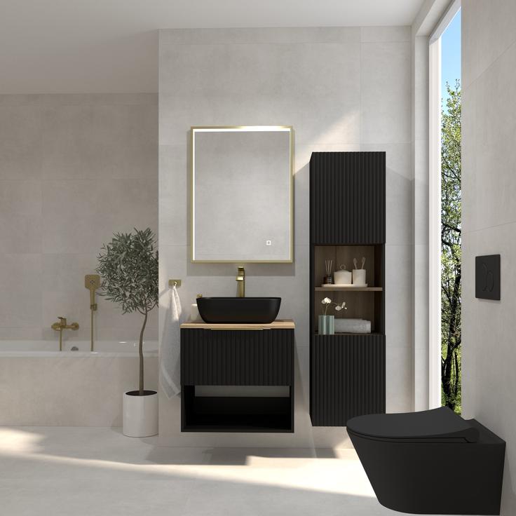 Izdelki: kopalniška baza Concepto+ Marta Black, kopalniška omarica Concepto+ Marta Black, umivalnik Concepto Bell, ogledalo Concepto+ Vittoria Touch, ploščica May Ceramics Cementino Blast White, straniščna školjka Concepto Eva Black Rimless, armatura za umivalnik Voxort Dahlia. | Foto: Fero-Term