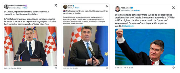 Primeri propagandnih profilov na družbenem omrežju X, ki so v zadnjih tednih objavljali vsebine v podporo Zoranu Milanoviću. Trije našteti imajo skupno skoraj četrt milijona sledilcev, največji med njimi, Zlatti71, ki ga upravlja neznana oseba, jih ima kar 165 tisoč. Nove vsebine, ki skoraj brez izjeme kritizirajo Ukrajino, ZDA, Evropsko unijo in zvezo Nato, hvalijo pa Rusijo, objavlja tako rekoč brez premora. | Foto: Posnetek zaslona / CIR