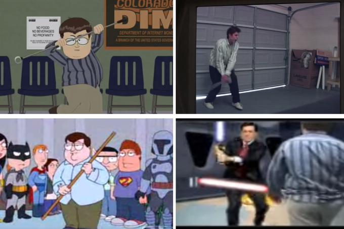 Videoposnetek Ghyslaina Raze so parodirale mnoge znane TV-oddaje in komiki: South Park (zgoraj levo), Arrested Development (Odbita rodbina, zgoraj desno), American Dad (Ameriški oče, spodaj levo), Stephen Colbert (spodaj desno). | Foto: Matic Tomšič