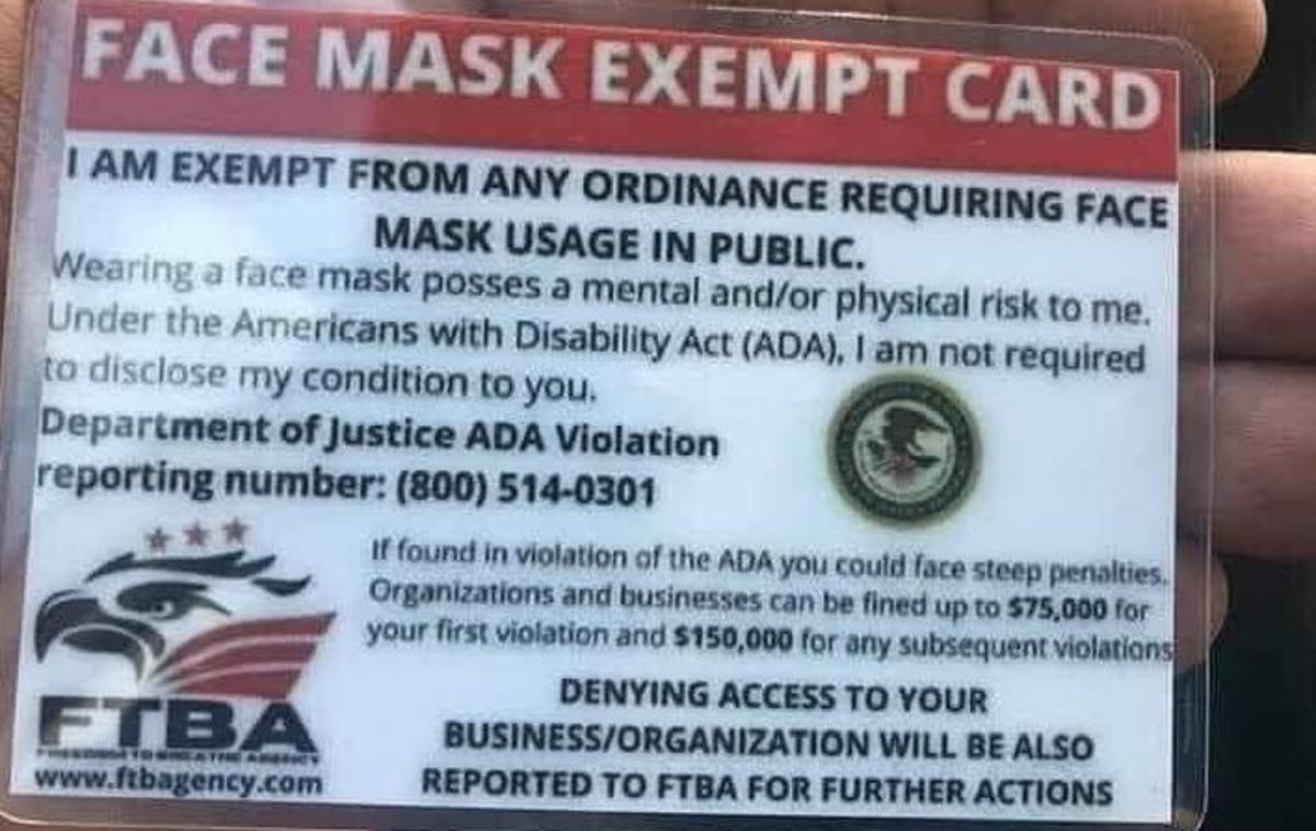 Maska | Napis na izkaznici med drugim pojasnjuje, da nosilca kartice ščiti ameriški zakon o invalidnosti, in grozi, da bo tisti, ki bo dvomil o legitimnosti izkaznice, plačal visoko globo ter da bo prijavljen agenciji FTBA.   | Foto Pravosodno ministrstvo ZDA