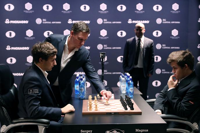 Peter Thiel, Magnus Carlsen in Sergej Karjakin | Magnus Carlsen in Fabio Caruano sta tudi tretjo partijo za naslov šahovskega svetovnega prvaka končala z remijem. | Foto Reuters