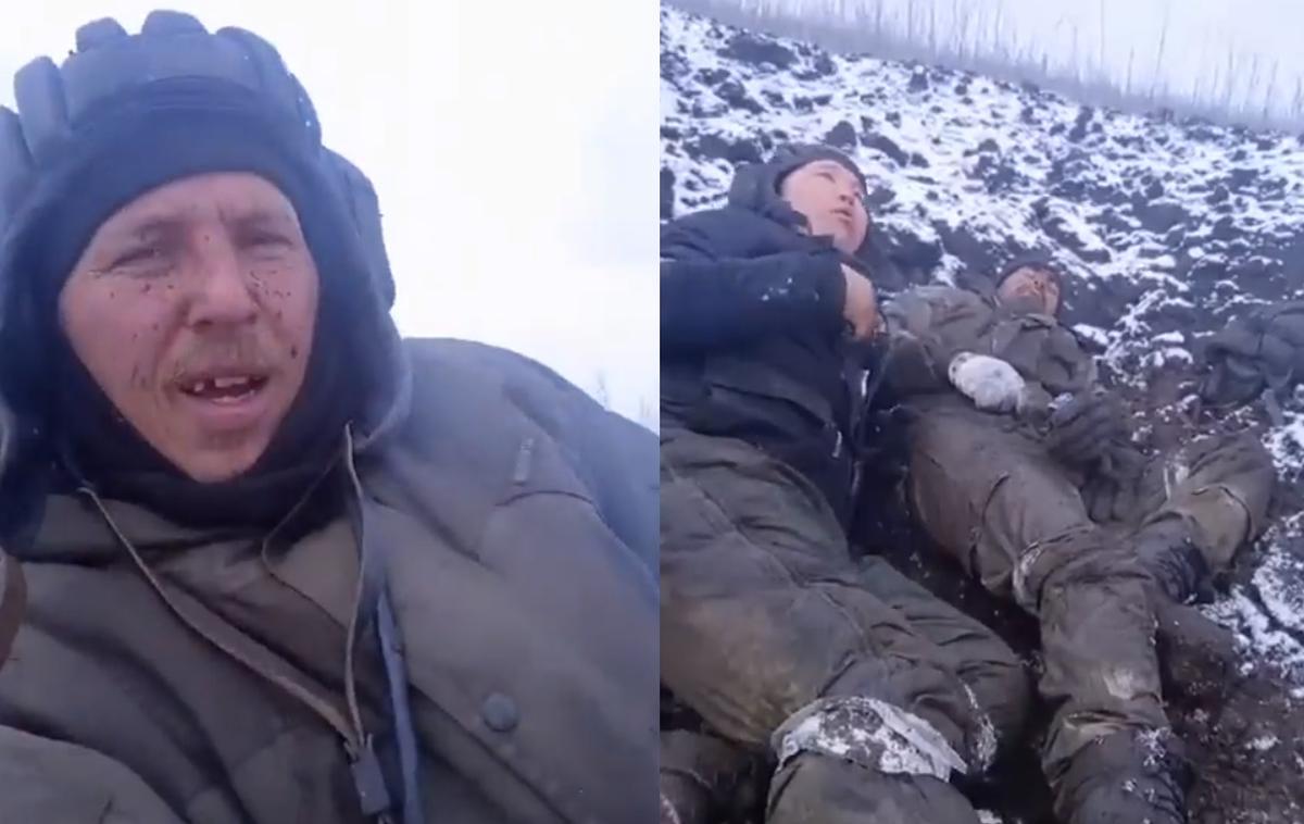 Ukrajina | Okrvavljeni ruski vojaki iz jarka na frontni črti, kjer je eden od njih z ranjeno nogo ležal že dva dni, zatrjujejo, da je vse v najlepšem redu. | Foto Twitter / @elskorpione / Posnetek zaslona