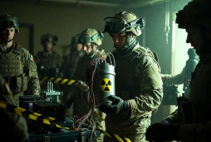 Izraz umazana bomba se uporablja za eksplozivno telo - konvencionalno orožje -, ki vsebuje jedrski material, njegov prvenstveni namen pa je predvsem razpršitev radioaktivne onesnaženosti in ustvarjanje okolja, ki ne dopušča zadrževanja ali bivanja na prizadetem območju. Za zdaj ni znan še noben primer dejanske uporabe umazane bombe. | Foto: Grok/Fotografija je bila ustvarjena s pomočjo umetne inteligence