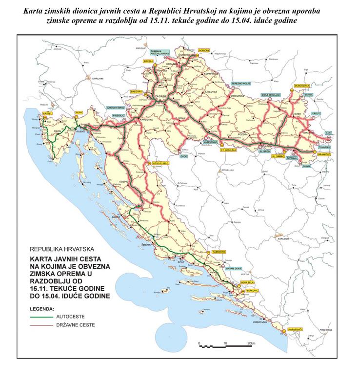 Hrvaška. Zimska oprema. Zemljevid cest na Hrvaškem, kjer je že obvezna zimska oprema. | Foto: