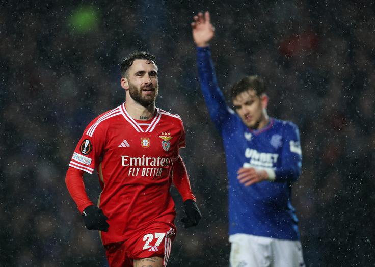Rangers in Benfica sta na prvi tekmi igrala 2:2, na Škotskem pa so Portugalci slavili z 1:0, potem ko je Rafa Silva zadel v 66. minuti. | Foto: Reuters