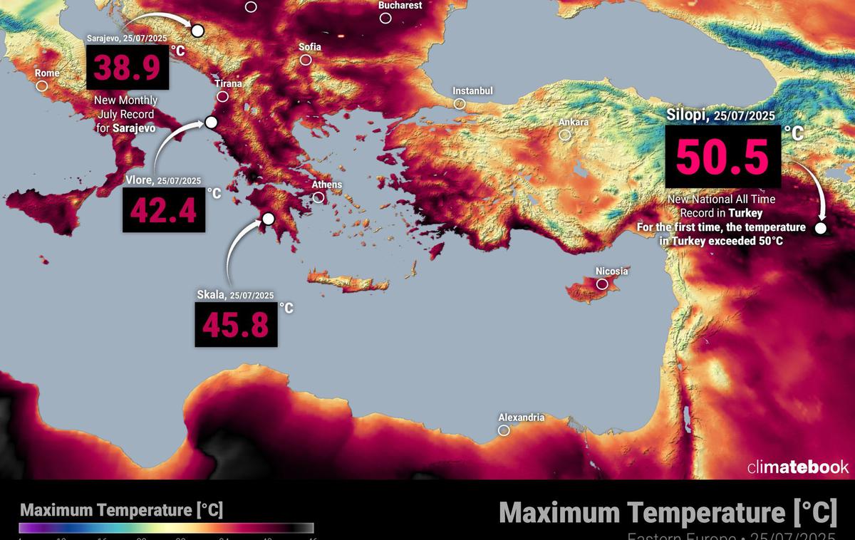 Temperature po Evropi | Na jugozahodu Turčije tako vroče ni bilo še nikoli. | Foto Severe Weather Europe