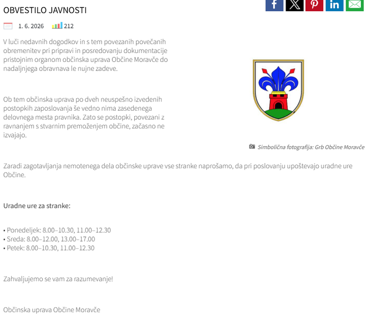 Občina je javnost o spremembah obvestila na spletni strani občine.  | Foto: Občina Moravče