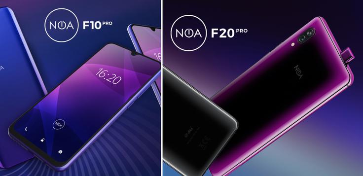 Noa je na sejmu mobilne telefonije MWC predstavila novo družino pametnih telefonov F, ki jo za zdaj zastopata modela F10 Pro in F20 Pro. Prvi stane 299, drugi pa okoli 350 evrov, uporabnikom pa prinašata trojni fotoaparat in odklepanje z obrazom (F10 Pro) oziroma čitalnik prstnih odtisov pod zaslonom AMOLED in fotoaparat, ki skoči iz ohišja. Nič posebnega, a v njunem cenovnem razredu takšne lastnosti vseeno niso ravno pogost pojav, to pa je adut, na katerega stavi Noa. | Foto: Noa Mobile
