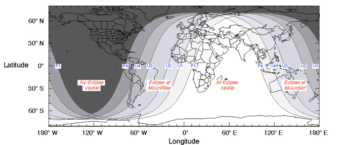 Graf, ki prikazuje, kje bo lunin mrk 27. julija viden najbolje (belo - viden, črno - mrka ne bo mogoče videti). Največ sreče bodo tokrat imeli v Afriki in Aziji, najmanj pa v Severni Ameriki in v večjem delu Oceanije.  | Foto: Thomas Hilmes/Wikimedia Commons
