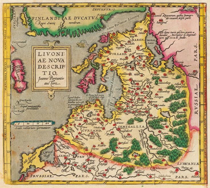 Območje, ki so ga zasedli nemški križarji, je dobilo v latinščini uradno ime Terra Mariana (sl. Marijina dežela). Za Marijino deželo, ki se je raztezala na območju današnje Latvije in Estonije, se uporablja tudi ime Livonija (Stara ali Srednjeveška Livonija). Na fotografiji: zemljevid Livonije oziroma Marijine dežele. Livonija je na zemljevidu obrobljena z rumeno barvo. | Foto: Wikimedia Commons