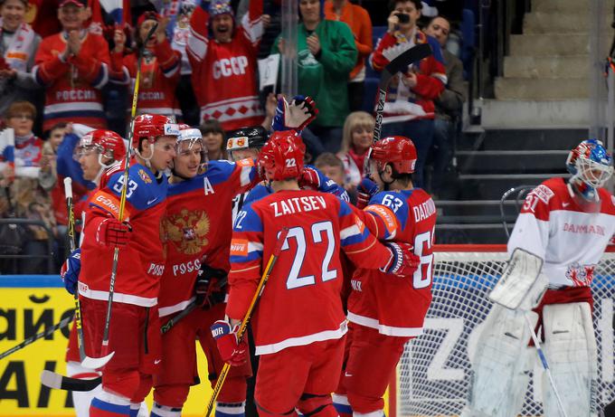 Ruski hokejisti so tresli mrežo Danske, ustavili so se šele pri številki 10. | Foto: Reuters