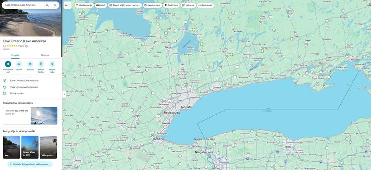V Sloveniji je jezero na zemljevidu še vedno označeno kot Lake Ontario, vendar se v informacijskem oknu ob imenu lahko pojavita obe poimenovanji – Lake Ontario in Lake America. | Foto: zajem zaslona