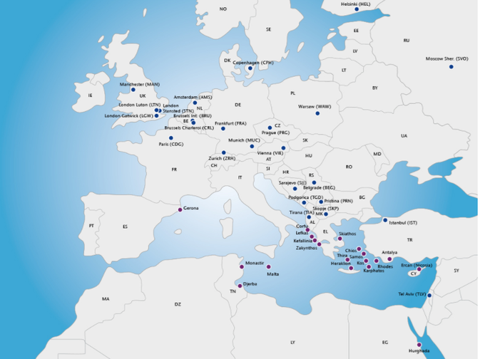Na zemljevidu so prikazane povezave, ki so vzpostavljene z ljubljanskega letališča. Največje pomanjkanje povezav je dobro vidno na Pirenejskem polotoku.  | Foto: Spletna stran Fraport Slovenija