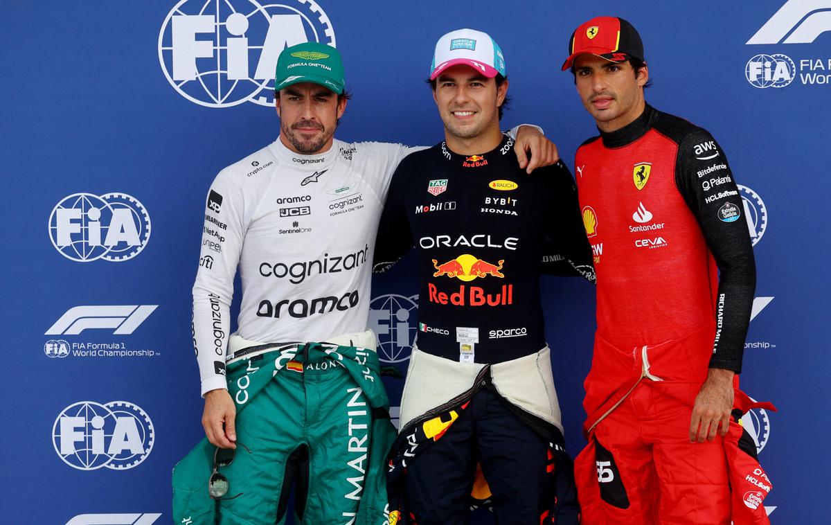 Miami Fernando Alonso Sergio Perez Carlos Sainz | Prvi trije na kvalifikacijah. Težko bi kdo napovedal tak razplet. | Foto Reuters