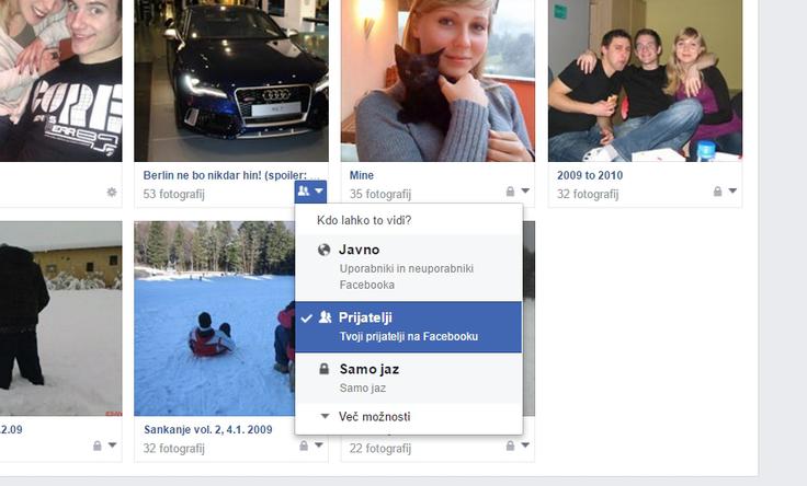 Odprite meni, v katerem so vaši fotoalbumi, in poiščite puščico v desnem spodnjem kotu izbranega albuma. Kliknite jo in določite občinstvo za album. Kot je razvidno iz te slike, lahko ta album vidijo samo prijatelji, pet drugih pa je zaklenjenih za ogled, kar pomeni, da jih lahko vidim samo jaz. | Foto: 