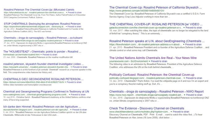 Na omembo Rosalind Peterson smo sicer naleteli že večkrat, saj se njeno ime na spletnih straneh v podporo teoriji o kemičnih sledeh pojavlja že od leta 2010, ko se je videoposnetek njenega govora prvič znašel na spletu.  | Foto: Google