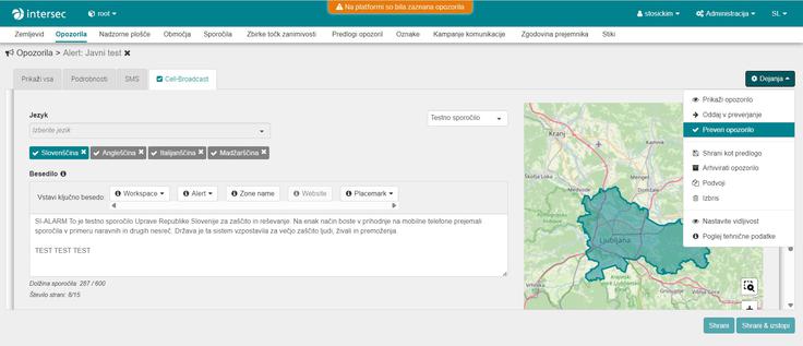 testno sporočilo SI-alarm | Foto: Uprava RS za zaščito in reševanje