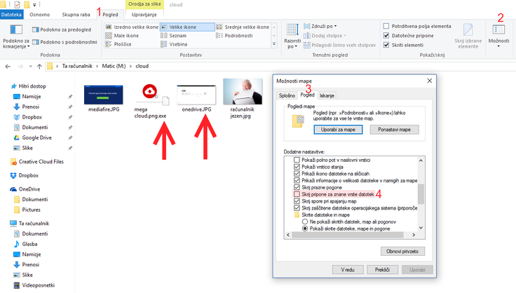 Nasvet za uporabnike Windowsov: Kako vemo, katera datoteka je res fotografija in katera je zvito zakrinkana izvršilna datoteka, kadar imata obe isto ikono? Pozorni smo na njihove končnice. Slika bo, na primer, .jpg, .jpeg, .png, izvršilna datoteka pa .exe. Če končnic ne vidimo, odpremo Možnosti mape in na zavihku pogled odstranimo kljukico ob postavki Skrij pripone za znane vrste datotek. Glej sliko. | Foto: Matic Tomšič