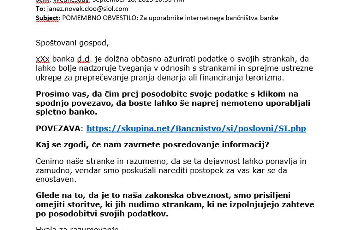 Policija | Na fotografiji je primer e-poštnega sporočila, ki ga naokoli pošiljajo lažni bankirji.  | Foto GPU