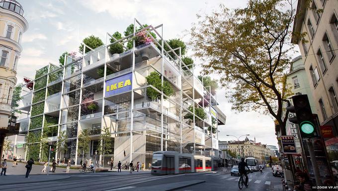 Fasadna mreža bo zasnovana prek izmenjave zaprtih in odprtih elementov, na vseh ravneh pa bo prostor za drevesa. Zelena bo tudi streha, kjer bodo tudi zelene pergole. | Foto: Arhiv Ikea