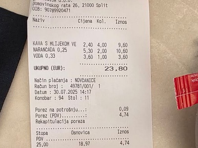 Hrvat delil račun iz središča Splita: cena vode in oranžade presenetila mnoge
