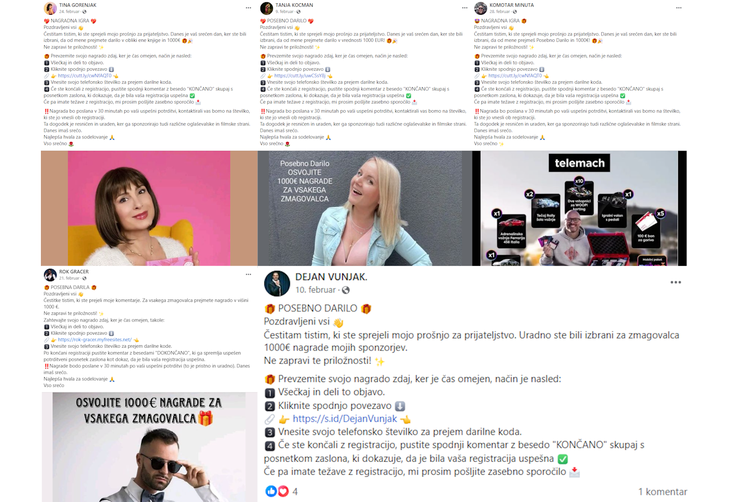 Vse objave vsebujejo enako besedilo, kar najverjetneje pomeni, da je v ozadju isti posameznik ali združba goljufov. Ti se za nameček tudi niso posebej trudili, objava lažnega profila Komotarja Minute vsebuje spletno povezavo, ki vodi do lažne nagradne igre lažne Tine Gorenjak na primer. | Foto: posnetek zaslona/Marine Traffic