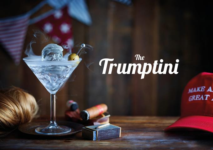 Koktejl Trumptini spremlja napis: "Uničen, ne mešan. Ne pijte Trumptinija, ker je okusen, temveč kot pravočasno opozorilo, da je lahko celo brezčasna lepota uničena." | Foto: Cover Images