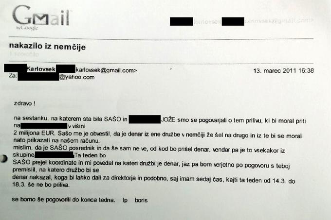 Elektronsko dopisovanje, za katerega Karlovšek pravi, da dokazuje, da je za policijo "vohljal", kdo v Sloveniji želi prevzeti denar iz Nemčije za Ivana Zidarja. Obdobje: marec 2011. | Foto: 
