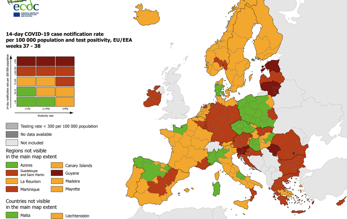 ECDC Zemljevid | Glede na zemljevid ECDC je epidemiološko stanje v Sloveniji med najslabšimi v EU. | Foto ecdc.europa.eu