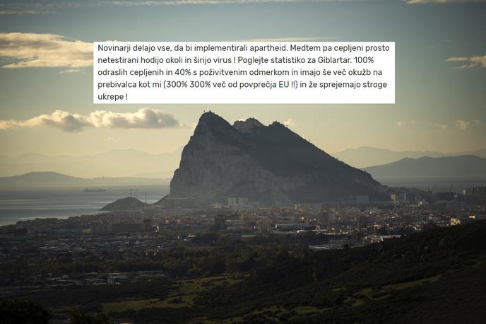 Gibraltar | Po družbenih omrežjih se v zadnjih dneh širi dezinformacija, da bolnišnice v Gibraltarju ječijo od obremenitev in da so tamkajšnje oblasti sprejele stroge ukrepe. To ne drži, saj sta v deželi na jugu Iberskega polotoka trenutno hospitalizirana samo dva covidna pacienta, oblasti pa niso zaostrovale osnovnih epidemioloških ukrepov, ki v Gibraltarju veljajo že mesece, temveč so zgolj izdale priporočila za samozaščitno ravnanje. Edini pravi ukrep, ki so ga sprejele gibraltarske oblasti, je bila odpoved javnega božičnega praznovanja. | Foto Guliver Image