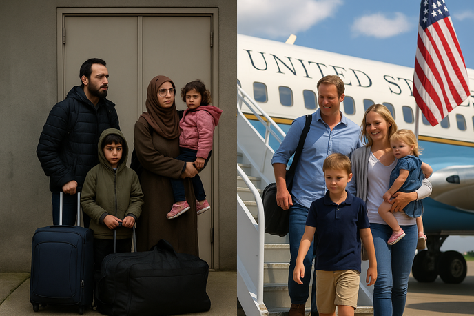 migranti begunci | Na letališču Dulles pri Washingtonu je namestnik državnega sekretarja Chris Landau sprejel prvo skupino beguncev iz Južne Afrike. Ti naj bi v domovini trpeli zaradi nasilja in rasne diskriminacije, ki naj bi bili usmerjeni proti belopoltim. Landau je ob tem poudaril, da ZDA nasprotujejo vsakršnemu zatiranju ljudi zaradi njihove rase. | Foto Fotografija je bila ustvarjena s pomočjo umetne inteligence
