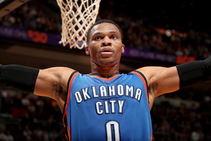 Westbrook, vodilni strelec prvenstva NBA in glavni kandidat za najkoristnejšega igralca lige (MVP), je dosegel 21 točk, 11 skokov in 12 podaj v 36 minutah na parketu. | Foto: Guliverimage/Getty Images