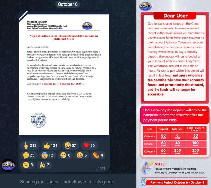 Na levi sporočilo, ki so ga prejeli slovenski vlagatelji v skupini v komunikacijski aplikaciji Telegram, na desni zahteva o plačilu "varščine". Kot je razvidno iz levega posnetka zaslona, je bilo pošiljanje sporočil v slovenski skupini Conti na Telegramu onemogočeno. To se je zgodilo kmalu po zaustavitvi izplačil.  | Foto: Posnetek  zaslona