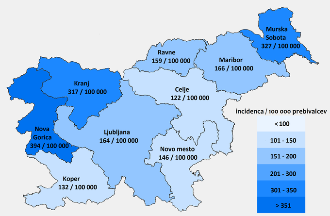 Incidenčne stopnje prijavljenih primerov lymske borelioze po zdravstvenih regijah v Sloveniji v obdobju od 1. 1. 2019 do 31. 12. 2019. | Foto: NIJZ