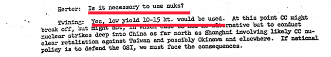 "Ali je treba uporabiti atomske bombe?" "Da, uporabili bi šibkejše deset- do petnajst-kilotonske." Jedrske konice, katerih uporabo je predlagal general Twining, bi bile približno tako močne kot tista, ki je leta 1945 s tlemi zravnala japonsko Hirošimo. | Foto: Matic Tomšič / Posnetek zaslona