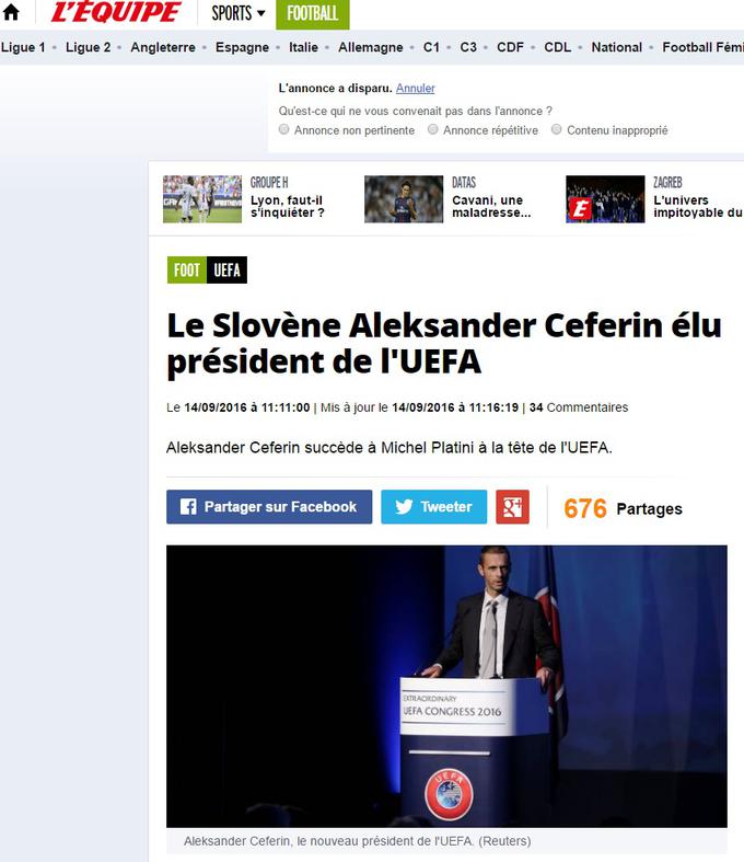 L Equipe: "Aleksander Čeferin je upravičil vlogo favorita." | Foto: 