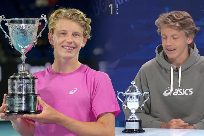 šeško kolaž | Veliki up slovenskega tenisa Žiga Šeško je za poziranje pred fotografi od organizatorjev OP Avstralije prejel impozanten pokal, v trajno last pa precej manjšo repliko.