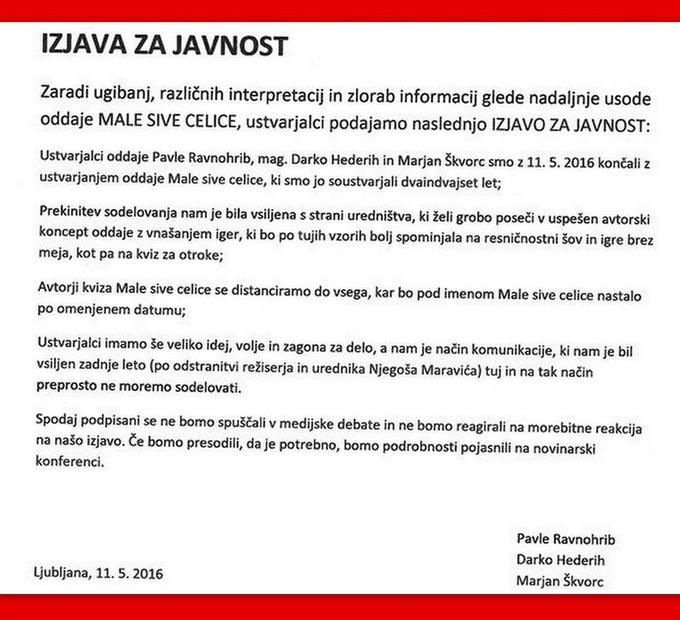 Izjava za javnost ustvarjalcev kviza Male sive celice. Vir: Twitter/Bojan Požar. | Foto: 