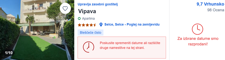 Nerazpoložljivost resničnega apartmaja v Selcah, ki ga z ukradenimi fotografijami kot drugo lokacijo oglašuje.  | Foto: Posnetek zaslona
