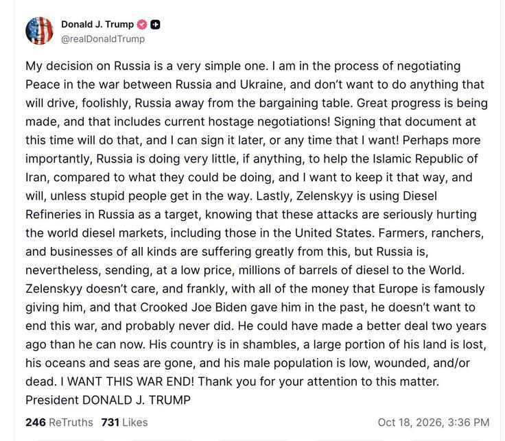 Donald Trump je v objavi na omrežju Truth Social med drugim tudi bizarno trdil, da je Ukrajina ostala brez svojih "oceanov in morja" ter jo končal z razglasitvijo z napako: "HOČEM TE VOJNE KONEC!" | Foto: Truth Social